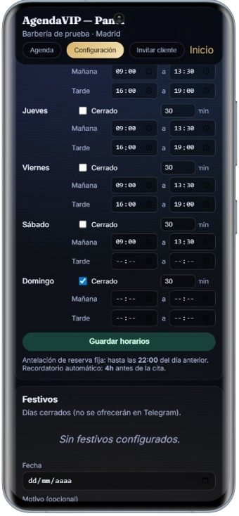 Configuración de horarios y festivos
