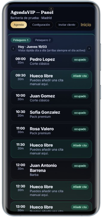 Vista del peluquero en AgendaVIP